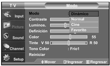 T V Input Picture Sound Channel Setup Modo Contraste Luminos. Definición Color Tinte V 50 Tono Color Reiniciar Dinámico Normal Cine Favorito 55 R 50 Frio1 Mover Ingresar Regresar