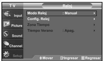 T V Reloj Input Modo Reloj : Manual Config. Reloj Zona Tiempo Tiempo Verano : Apag. Sound Channel Setup Mover Ingresar Regresar