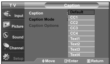 T V Caption Input Picture Sound Channel Setup Caption Default Caption Mode CC1 CC2 CC3 CC4 Text1 Text2 Text3 Text4 Move Enter Return