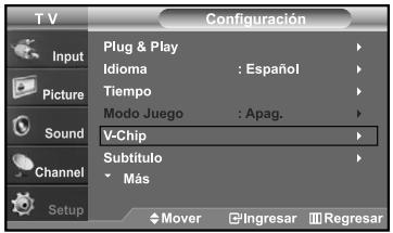 T V Configuración Input Picture Sound Channel Setup Plug & Play Idioma : Español Tiempo Modo Juego : Apag. V-Chip Subtítulo Más Mover Ingresar Regresar