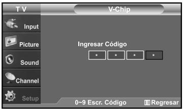 T V V-Chip Input Picture Sound Channel Setup Ingresar Código 0-9 Escr. Código Regresar