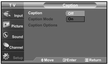 T V Caption Input Picture Sound Channel Setup Caption Mode Caption Options Off On Move Enter Return