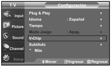 T V Configuración Input Plug & Play Idioma : Español Tiempo Modo Juego : Apag. Sound V-Chip Subtítulo Más Channel Setup Mover Ingresar Regresar