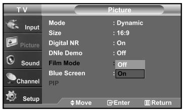 TV Picture Input Mode : Dynamic Size : 16:9 Digital NR : On DNle Demo : Off Film Mode : Off Blue Screen : On PIP Sound Channel Setup Move Enter Return
