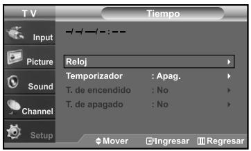 T V Input Picture Sound Channel Setup Tiempo -- - - : -- Reloj Temporizador : Apag. T. de encendido : No T. de apagado : No Mover Ingresar Regresar