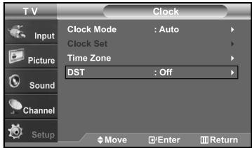 T V Clock Input Picture Sound Channel Setup Clock Mode : Auto Clock Set Time Zone DST : Off Move Enter Return