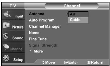 T V Input Picture Sound Channel Setup Channel Antenna : Air Auto Program Cable Channel Manager Name Fine Tune Signal Strength More Move Enter Return