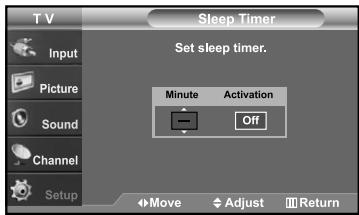 T V Sleep Timer Set sleep timer. Minute Activation Off Picture Sound Channel Setup Move Adjust Return