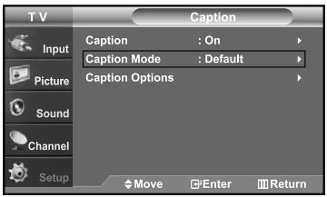 T V Caption Input Picture Sound Channel Setup Caption Caption Mode : On Default Caption Options Move Enter Return