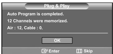 Plug & Play Auto Program is completed. 12 Channels were memorized. Air : 12, Cable : 0. OK Enter Skip