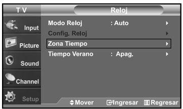 T V Reloj Input Modo Reloj : Auto Config. Reloj Picture Zona Tiempo Tiempo Verano : Apag. Sound Channel Setup Mover Ingresar Regresar