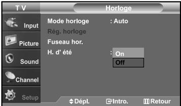 T V Input Picture Sound Channel Setup Mode horloge : Auto Rég. horloge Fuseau hor. H. d' été : On Off Dépl. Intro. Retour