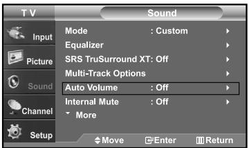 TV Input Picture Sound Channel Setup Mode : Custom Equalizer SRS TruSurround XT: Off Multi-Track Options Auto Volume : Off Internal Mute : Off More Move Enter Return