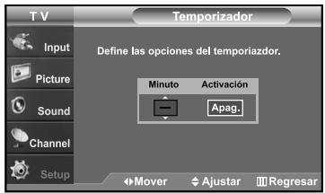 Temporizador Define las opciones del temporazdor. Minuto Activación Apag. Mover Ajustar Regresar