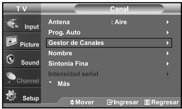 TV Canal Input Antena : Aire Prog. Auto Picture Gestor de Canales Nombre Sintonía Fina Intensidad señal Más Sound Channel Setup Mover Ingresar Regresar