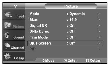 TV Picture Input Mode : Dynamic Size : 16:9 Digital NR : On DNLe Demo : Off Film Mode : Off Blue Screen : Off Channel PIP Setup Move Enter Return