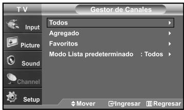 T V Gestor de Canales Input Picture Sound Channel Setup Todos Agregado Favorites Modo Lista predeterminado : Todos Mover Ingresar Regresar
