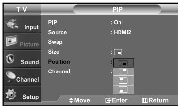 T V PIP Input Pip : On Source : HDMI2 Swap Size : Position : Channel : Move Enter Return