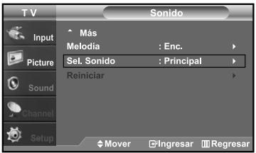 TV Input Picture Sound Channel Setup Sonido Más Melodia : Enc. Sel. Sonido : Principal Reiniciar Mover Ingresar Regresar