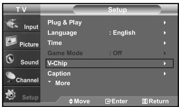 T V Setup Input Plug & Play Language : English Time Game Mode : Off Sound V-Chip Caption More Channel Setup Move Enter Return