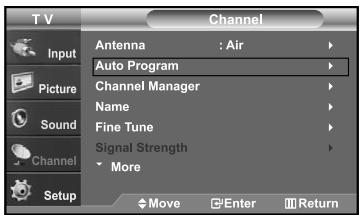 TV Input Picture Sound Channel Setup Channel Antenna : Air Auto Program Channel Manager Name Fine Tune Signal Strength More Move Enter Return