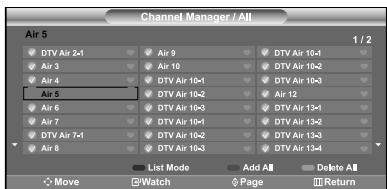 Channel Manager / Alt Air 5 1 / 2 DTV Air 2x1 Air 9 DTV Air 10x1 Air 3 Air 10 DTV Air 10x2 Air 4 DTV Air 10x3 Air 5 Air 12 DTV Air 13x1 Air 6 DTV Air 13x2 Air 7 DTV Air 13x3 Air 8 DTV Air 13x4 DTV Air 13x5 DTV Air 13x6 DTV Air 13x7 DTV Air 13x8 DTV Air 13x9 DTV Air 13x10 DTV Air 13x11 DTV Air 13x12 DTV Air 13x13 DTV Air 13x14 List Mode Add All Delete All Move Watch Page Return
