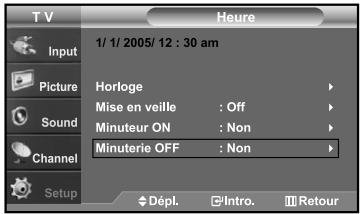 T V Input Picture Sound Channel Setup Heure 1/ 1/ 2005/ 12 : 30 am Horloge Mise en veille : Off Minuteur ON : Non Minuterie OFF : Non Dépl. Intro. Retour