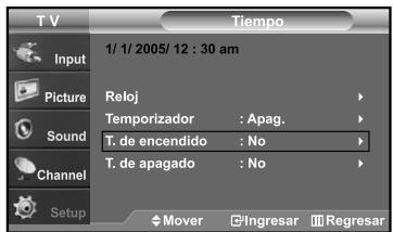 TV Tiempo Input 1/ 1/ 2005/ 12 : 30 am Picture Reloj Temporizador : Apag. Sound T. de encendido : No Channel T. de apagado : No Setup Mover Ingresar Regresar
