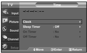 T V Time Input Picture Sound Channel Setup Clock Sleep Timer : Off On Timer : No Off Timer : No Move Enter Return