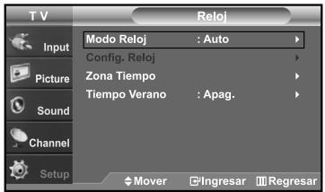 T V Reloj Input Modo Reloj : Auto Config. Reloj Zona Tiempo Tiempo Verano : Apag. Picture Sound Channel Setup Mover Ingresar Regresar