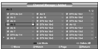 Channel Manager / Added Air 5 1 / 2 ✓ DTV Air 2-1 ✓ Air 9 ✓ DTV Air 10-1 ✓ Air 3 ✓ Air 10 ✓ DTV Air 10-2 ✓ Air 4 ✓ DTV Air 10-3 ✓ Air 5 ✓ Air 12 ✓ DTV Air 10-1 ✓ DTV Air 13-1 ✓ Air 7 ✓ DTV Air 10-2 ✓ DTV Air 13-2 ✓ Air 8 ✓ DTV Air 10-3 ✓ DTV Air 13-4 ✓ DTV Air 10-2 ✓ DTV Air 10-3 ✓ DTV Air 13-4 ✓ DTV Air 10-2 ✓ DTV Air 10-3 ✓ DTV Air 13-4 List Mode Delete All Move Watch Page Return