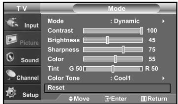TV Mode Input Picture Sound Channel Setup Mode : Dynamic Contrast 100 Brightness 45 Sharpness 75 Color 55 Tint G 50 R 50 Color Tone : Cool1 Reset Move Enter Return