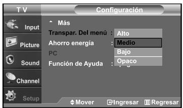 T V Input Picture Sound Channel Setup Más Transpar. Del menú : Alto Ahorro energía : Medio PC : Bajo Función de Ayuda : Opaco Mover Ingresar Regresar