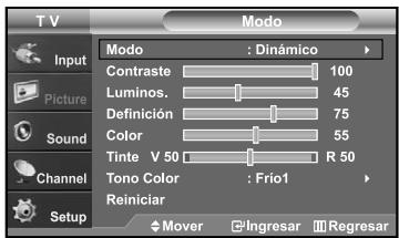 T V Input Picture Sound Channel Setup Modo : Dinámico Contraste 100 Luminos. 45 Definición 75 Color 55 Tinte V 50 R 50 Tono Color : Frio1 Reiniciar Mover Ingresar Regresar