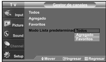T V Gestor de canales Input Pictures Sound Channel Setup Todos Agregado Favoritos Modo Lista predeterminada Todos Agregado Favoritos Mover Ingresar Regresar