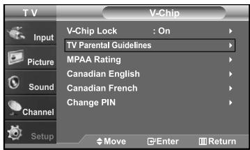 TV V-Chip Input Picture Sound Channel Setup V-Chip Lock : On TV Parental Guidelines MPAA Rating Canadian English Canadian French Change PIN Move Enter Return