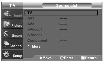 TV Source List Input Picture Sound Channel Setup TV AV1 : ——— AV2 : ——— S-Video1 : ——— S-Video2 : ——— Component : ——— More Move Enter Return
