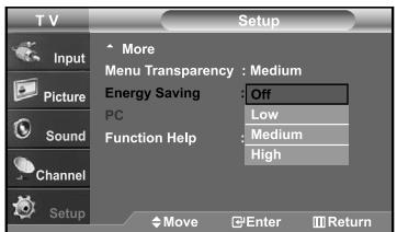 T V Setup Input More Menu Transparency : Medium Energy Saving : Off PC Low Function Help : Medium High Sound Channel Setup Move Enter Return