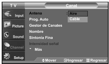 TV Canal Input Picture Sound Channel Setup Antena : Aire Prog. Auto Cable Gestor de Canales Nombre Sintonia Fina Intensidad señal Más Mover Ingresar Regresar