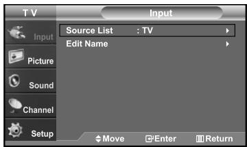 TV Input Source List : TV Edit Name Picture Sound Channel Setup Move Enter Return