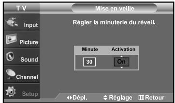 TV Input Picture Sound Channel Setup Mise en veille Régler la minuterie du réveil. Minute Activation 30 On Dépl. Réglage Retour