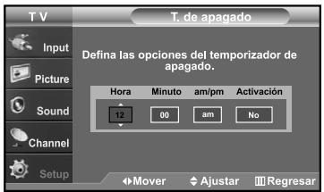 T. de apagado Input Picture Sound Channel Setup Defina las opciones del temporizador de apagado. Hora Minuto am/pm Activación 12 00 am No Mover Ajustar Regresar