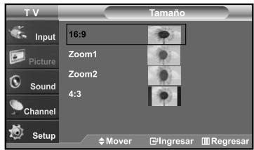 T V Input 16:9 Zoom1 Zoom2 4:3 Picture Sound Channel Setup Mover Ingresar Regresar Tamaño