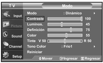 T V Input Picture Sound Channel Setup Modo : Dinámico Contraste 100 Luminos. 45 Definición 75 Color 55 Tinte V 50 R 50 Tono Color : Frio1 Reiniciar Mover Ingresar Regresar