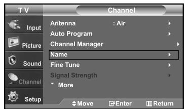 TV Input Picture Sound Channel Setup Antenna : Air Auto Program Channel Manager Name Fine Tune Signal Strength More Move Enter Return
