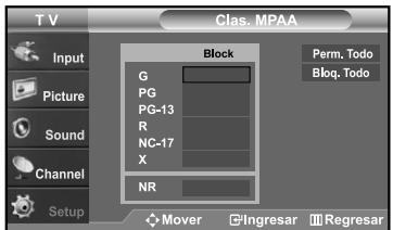 T V Input Picture Sound Channel Setup Clas. MPAA Block G PG PG-13 R NC-17 X NR Perm, Todo Bloq. Todo Mover Ingresar Regresar
