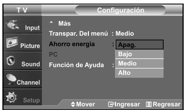T V Input Picture Sound Channel Setup Más Transpar. Del menú : Medio Ahorro energía : Apag. PC Función de Ayuda : Medio Alto Mover Ingresar Regresar