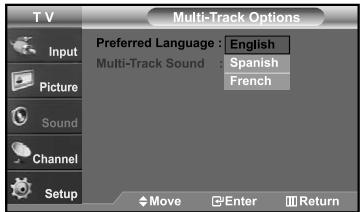 T V Multi-Track Options Preferred Language : English Multi-Track Sound : Spanish French Input Picture Sound Channel Setup Move Enter Return
