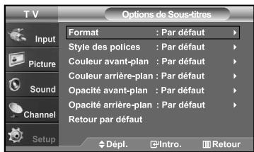 T V Input Picture Sound Channel Setup Format : Par défaut Style des polices : Par défaut Couleur avant-plan : Par défaut Couleur arrière-plan : Par défaut Opacité avant-plan : Par défaut Opacité arrière-plan : Par défaut Retour par défaut Dépl. Intro. Retour