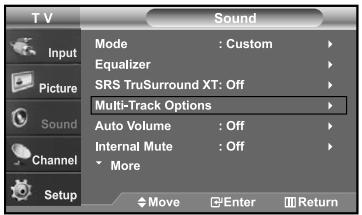 TV Input Picture Sound Channel Setup Sound Mode : Custom Equalizer SRS TruSurround XT: Off Multi-Track Options Auto Volume : Off Internal Mute : Off More Move Enter Return